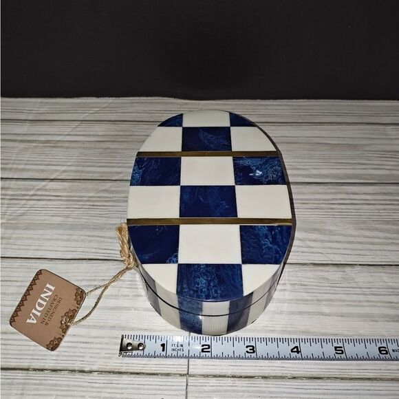 Handcrafted Bone & Resin Collectible Trinket Jewelry Box Checkered Blue - Picture 10 of 11
